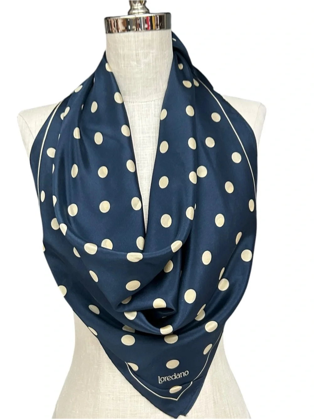 Loredano Navy Polka Dot Silk Scarf Square 35x34 Designer Italy